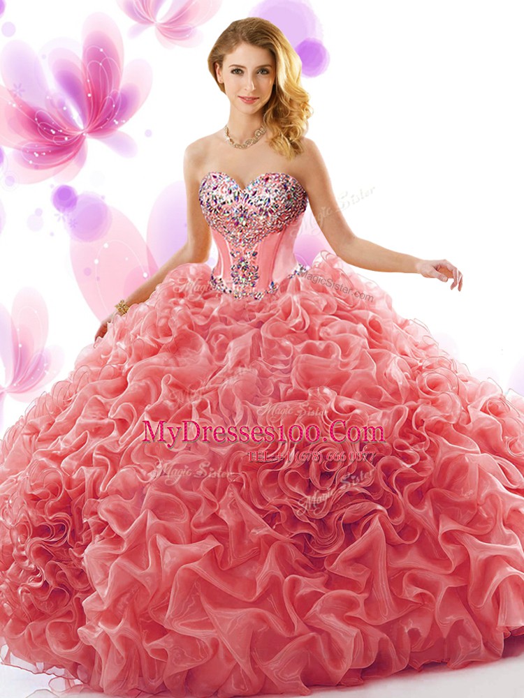 Organza Sweetheart Sleeveless Court Train Lace Up Beading and Ruffles 15th Birthday Dress in Champagne