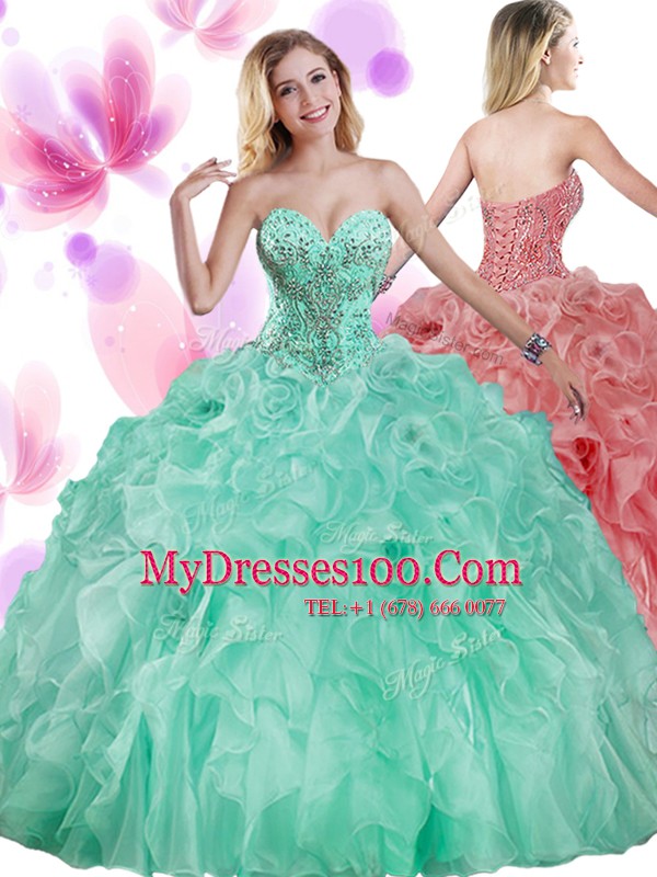 Four Piece Beading and Ruffles 15th Birthday Dress Apple Green Lace Up Sleeveless Floor Length