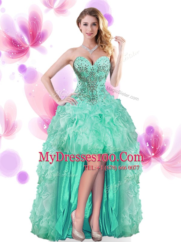 Four Piece Beading and Ruffles 15th Birthday Dress Apple Green Lace Up Sleeveless Floor Length