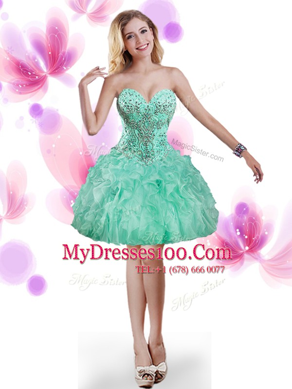 Four Piece Beading and Ruffles 15th Birthday Dress Apple Green Lace Up Sleeveless Floor Length