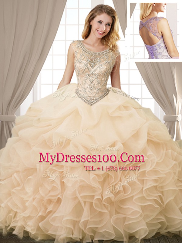 Sexy Scoop Champagne Sleeveless Floor Length Beading and Ruffles and Pick Ups Lace Up Quince Ball Gowns