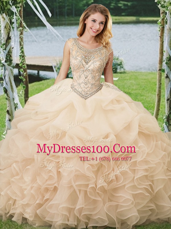 Sexy Scoop Champagne Sleeveless Floor Length Beading and Ruffles and Pick Ups Lace Up Quince Ball Gowns