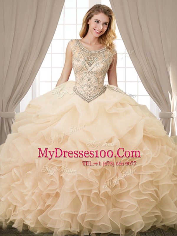 Sexy Scoop Champagne Sleeveless Floor Length Beading and Ruffles and Pick Ups Lace Up Quince Ball Gowns