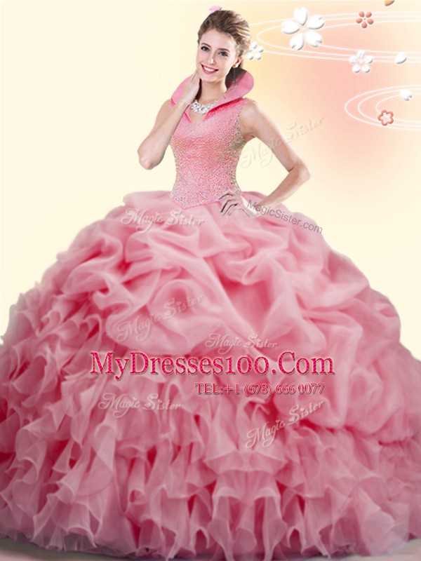 Deluxe Backless 15th Birthday Dress Watermelon Red for Military Ball and Sweet 16 and Quinceanera with Beading and Ruffles and Pick Ups Brush Train