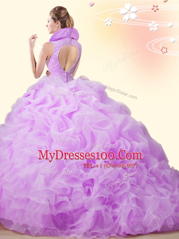 Deluxe Backless 15th Birthday Dress Watermelon Red for Military Ball and Sweet 16 and Quinceanera with Beading and Ruffles and Pick Ups Brush Train