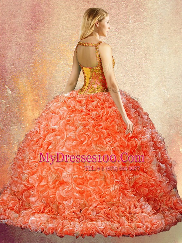 Four Piece Straps Sleeveless Sweet 16 Quinceanera Dress With Brush Train Beading and Ruffles Orange Red Organza