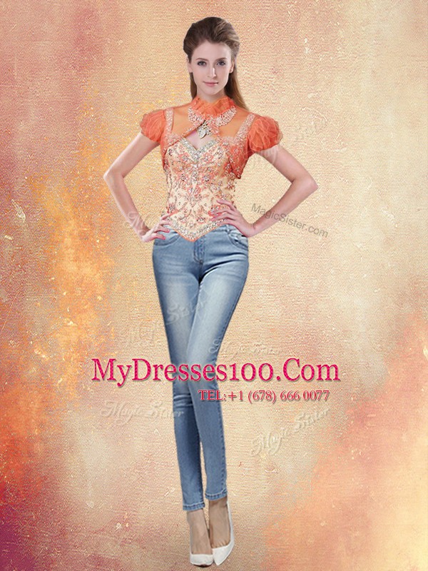 Four Piece Straps Sleeveless Sweet 16 Quinceanera Dress With Brush Train Beading and Ruffles Orange Red Organza