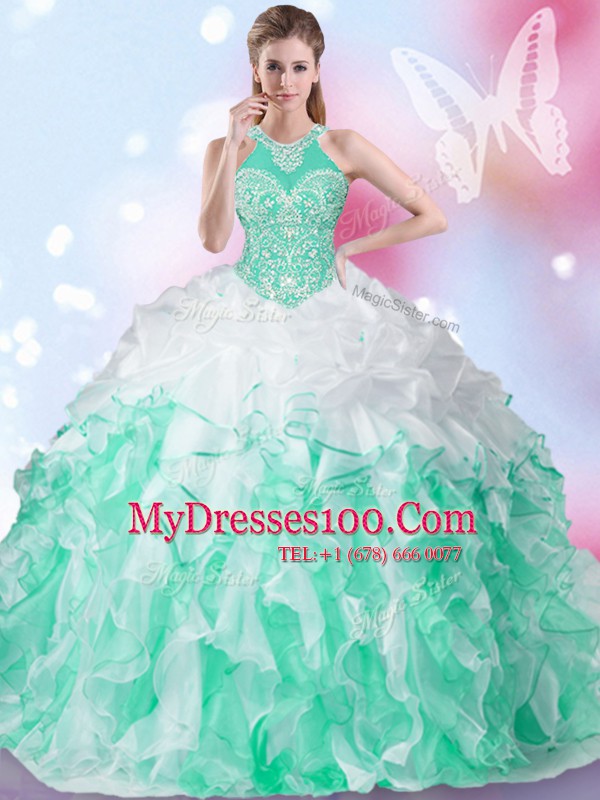 Fantastic Halter Top Multi-color Sleeveless Floor Length Beading and Ruffles and Pick Ups Lace Up 15 Quinceanera Dress