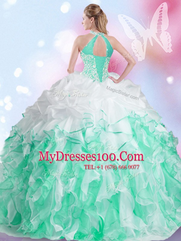 Fantastic Halter Top Multi-color Sleeveless Floor Length Beading and Ruffles and Pick Ups Lace Up 15 Quinceanera Dress
