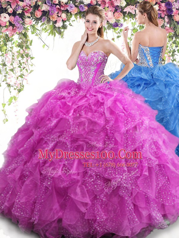 Four Piece Fuchsia Sweetheart Neckline Beading and Ruffles 15 Quinceanera Dress Sleeveless Lace Up