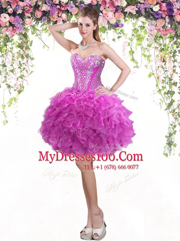 Four Piece Fuchsia Sweetheart Neckline Beading and Ruffles 15 Quinceanera Dress Sleeveless Lace Up