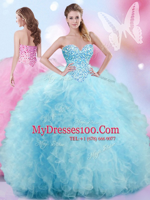 Baby Blue Tulle Lace Up Sweetheart Sleeveless Floor Length Sweet 16 Dresses Beading and Ruffles