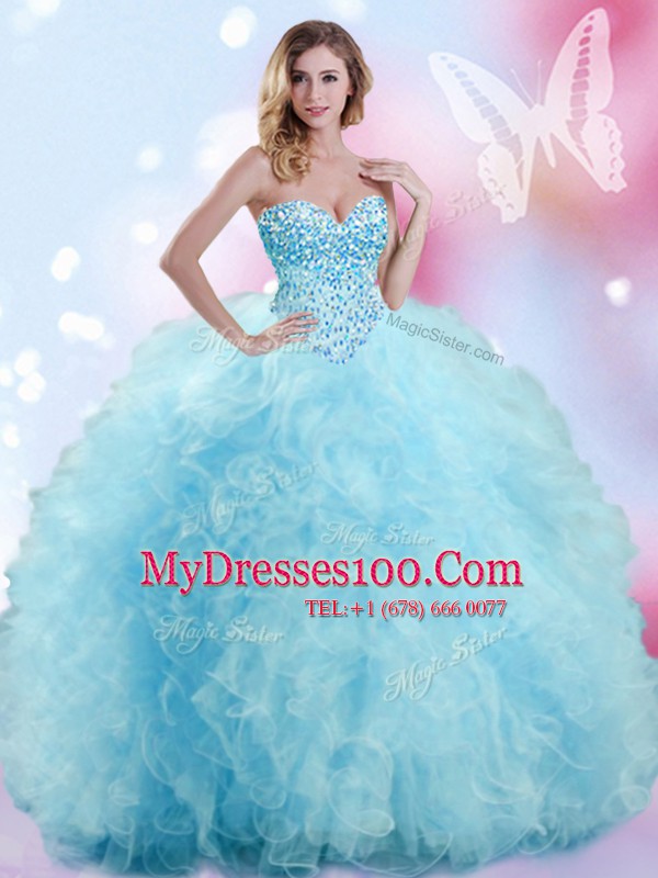 Baby Blue Tulle Lace Up Sweetheart Sleeveless Floor Length Sweet 16 Dresses Beading and Ruffles