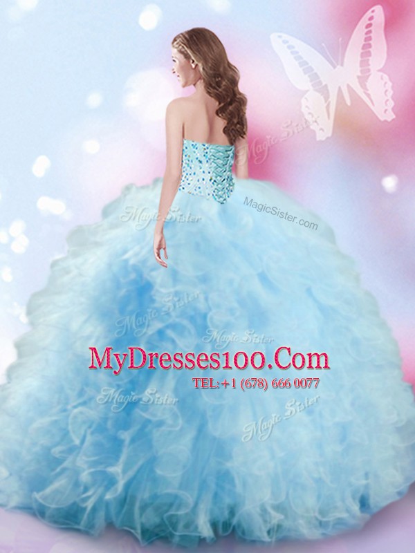 Baby Blue Tulle Lace Up Sweetheart Sleeveless Floor Length Sweet 16 Dresses Beading and Ruffles
