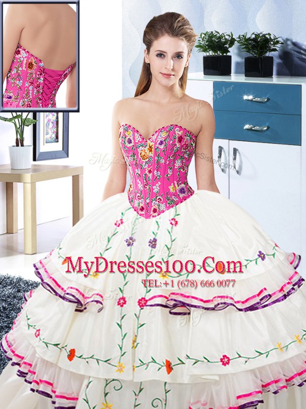 Graceful Organza and Taffeta Sleeveless Floor Length Quinceanera Dress and Embroidery and Ruffled Layers
