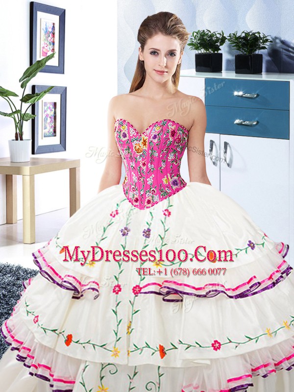 Graceful Organza and Taffeta Sleeveless Floor Length Quinceanera Dress and Embroidery and Ruffled Layers