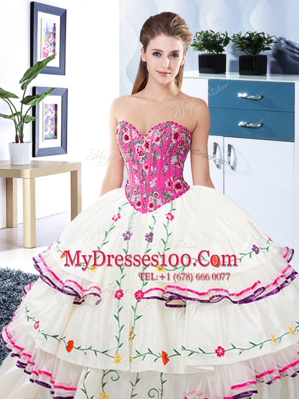 Graceful Organza and Taffeta Sleeveless Floor Length Quinceanera Dress and Embroidery and Ruffled Layers
