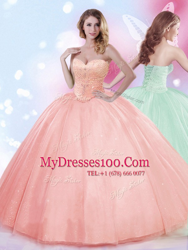 Watermelon Red Tulle Lace Up Sweetheart Sleeveless Floor Length Quinceanera Dresses Beading