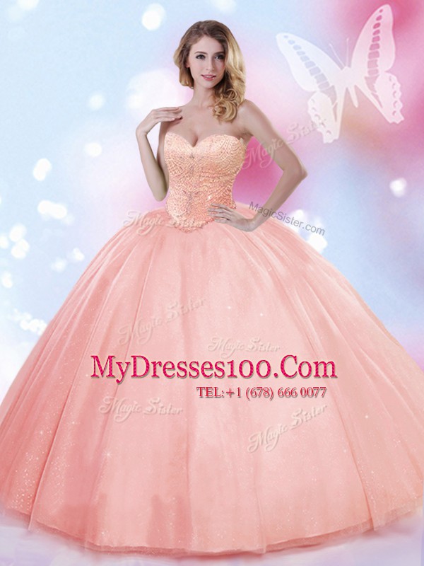 Watermelon Red Tulle Lace Up Sweetheart Sleeveless Floor Length Quinceanera Dresses Beading