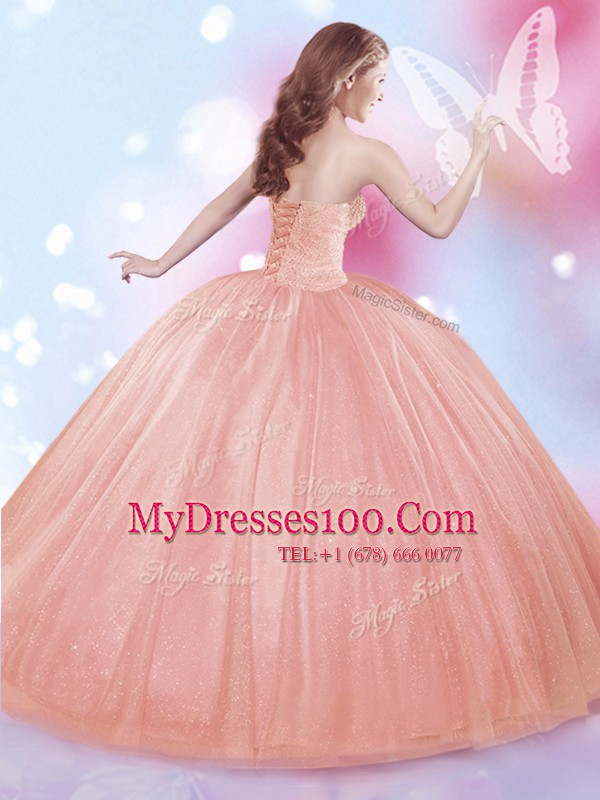 Watermelon Red Tulle Lace Up Sweetheart Sleeveless Floor Length Quinceanera Dresses Beading