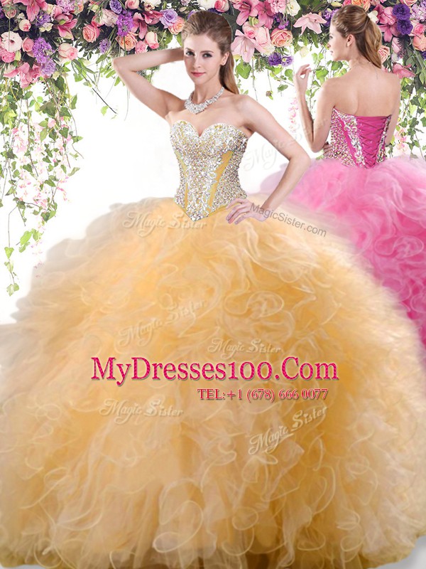 Floor Length Ball Gowns Sleeveless Gold Sweet 16 Dresses Lace Up