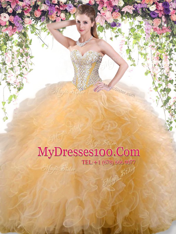 Floor Length Ball Gowns Sleeveless Gold Sweet 16 Dresses Lace Up