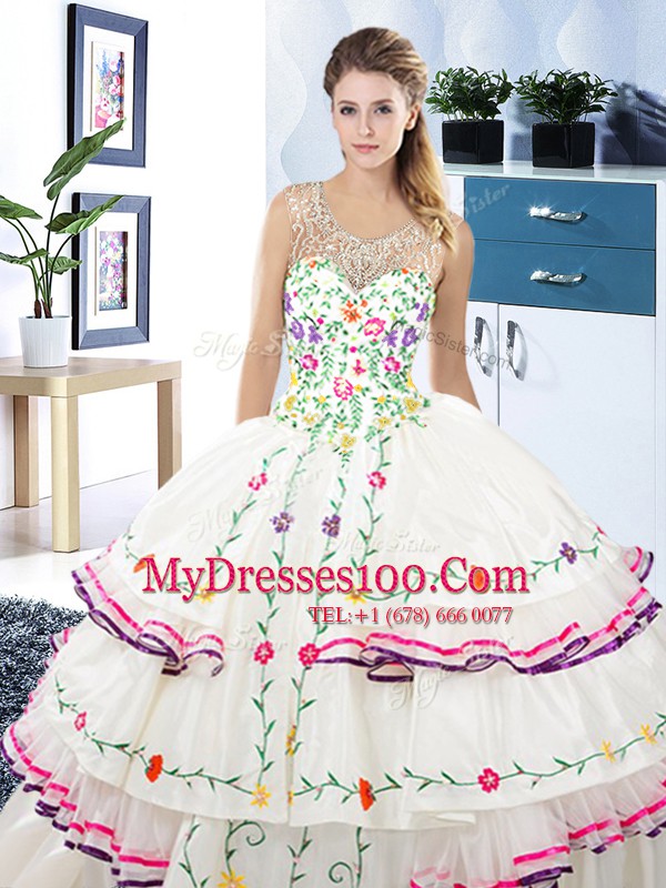 White Scoop Neckline Beading and Embroidery and Ruffled Layers Quinceanera Gown Sleeveless Lace Up
