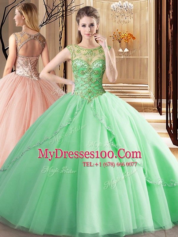 Discount Scoop Apple Green Sleeveless Tulle Brush Train Lace Up Ball Gown Prom Dress for Military Ball and Sweet 16 and Quinceanera