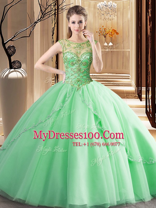 Discount Scoop Apple Green Sleeveless Tulle Brush Train Lace Up Ball Gown Prom Dress for Military Ball and Sweet 16 and Quinceanera