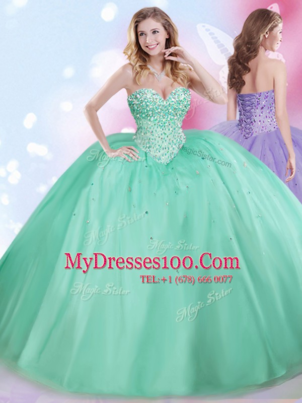Sweetheart Sleeveless Vestidos de Quinceanera Floor Length Beading Apple Green Tulle