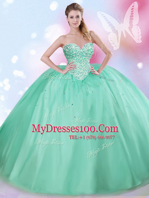 Sweetheart Sleeveless Vestidos de Quinceanera Floor Length Beading Apple Green Tulle