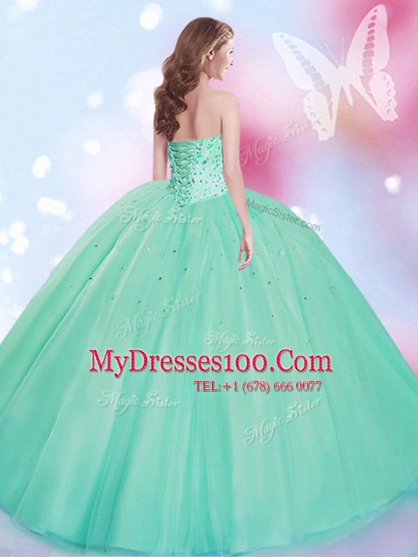 Sweetheart Sleeveless Vestidos de Quinceanera Floor Length Beading Apple Green Tulle