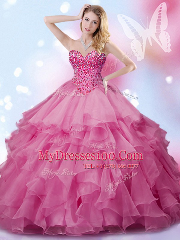 Ideal Ball Gowns Sweet 16 Quinceanera Dress Rose Pink Sweetheart Organza Sleeveless Floor Length Lace Up