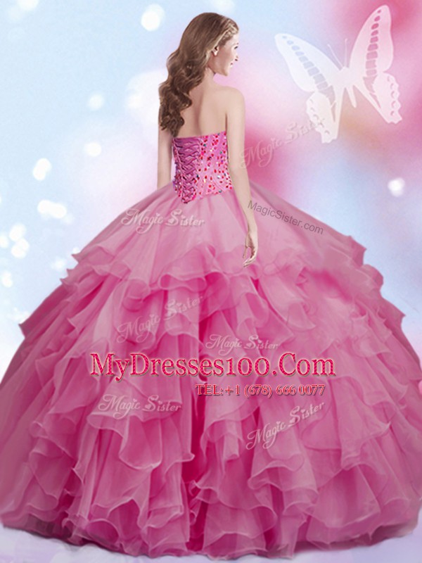 Ideal Ball Gowns Sweet 16 Quinceanera Dress Rose Pink Sweetheart Organza Sleeveless Floor Length Lace Up