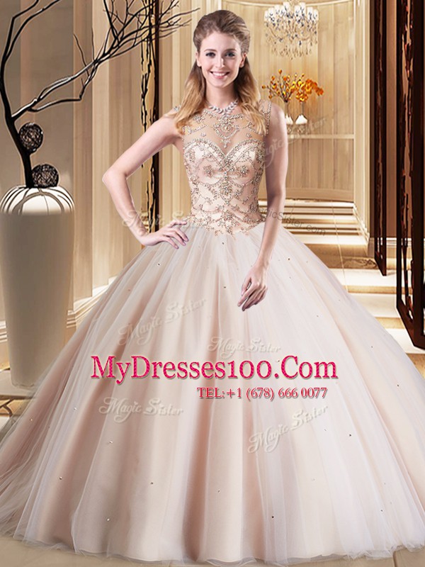 Peach Ball Gowns Scoop Sleeveless Tulle Brush Train Lace Up Beading Quinceanera Dress