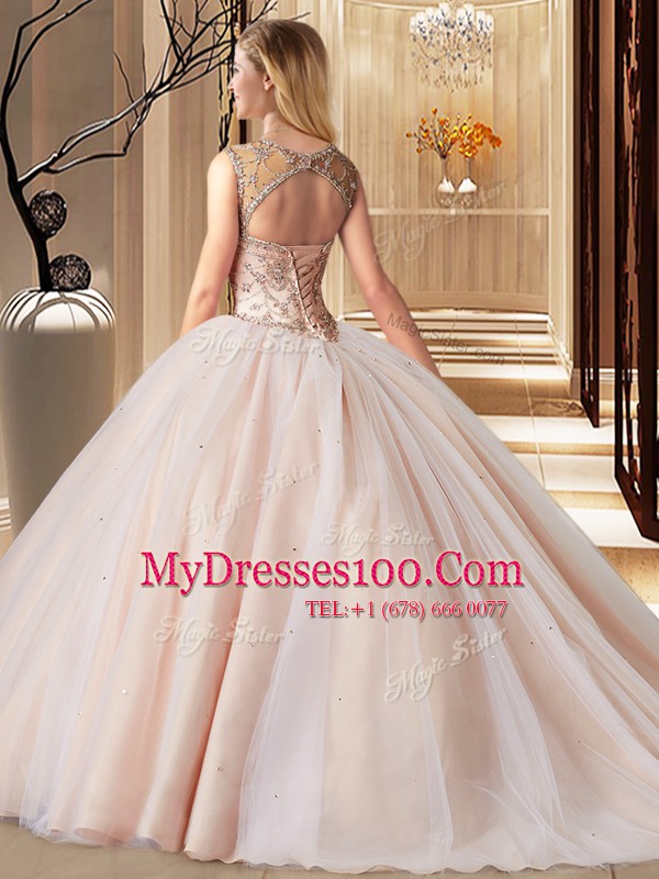 Peach Ball Gowns Scoop Sleeveless Tulle Brush Train Lace Up Beading Quinceanera Dress