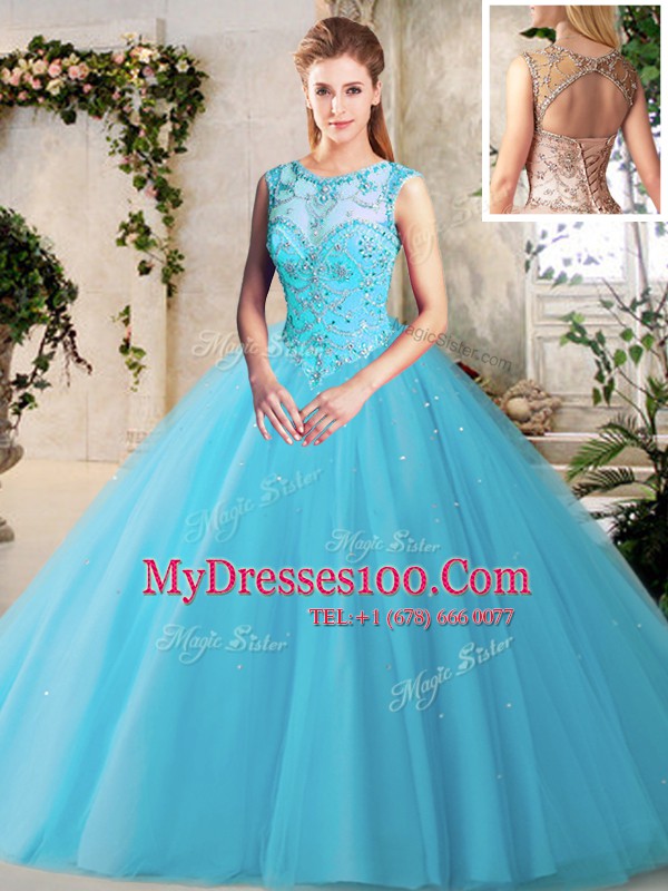 Scoop Sleeveless Tulle Sweet 16 Dress Beading Lace Up