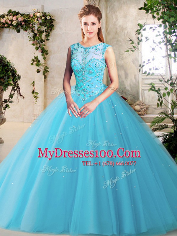 Scoop Sleeveless Tulle Sweet 16 Dress Beading Lace Up
