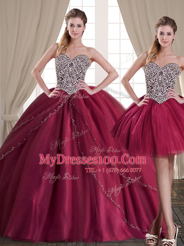 Three Piece Burgundy Tulle Lace Up Sweetheart Sleeveless Floor Length 15 Quinceanera Dress Beading