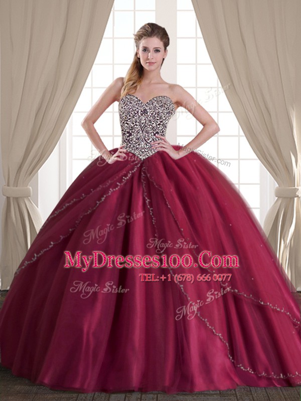 Three Piece Burgundy Tulle Lace Up Sweetheart Sleeveless Floor Length 15 Quinceanera Dress Beading
