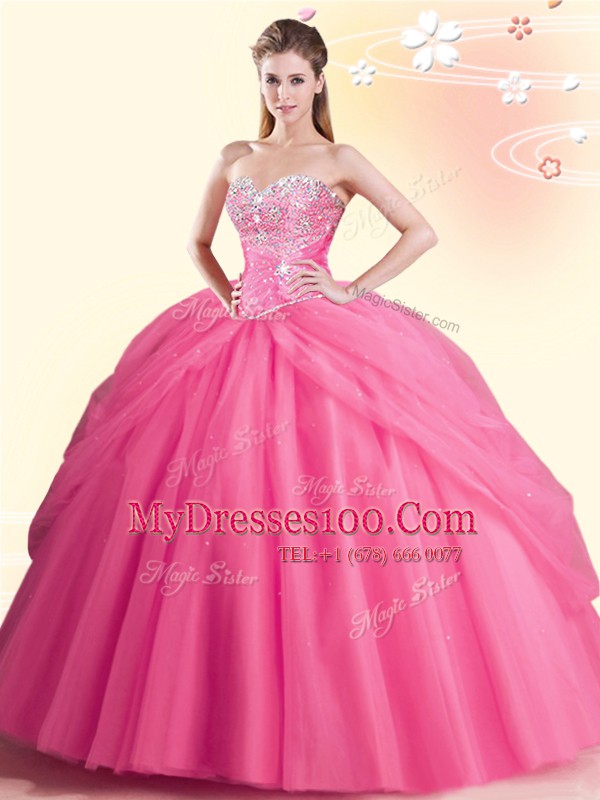 Watermelon Red Sleeveless Tulle Lace Up Quinceanera Gowns for Military Ball and Sweet 16 and Quinceanera
