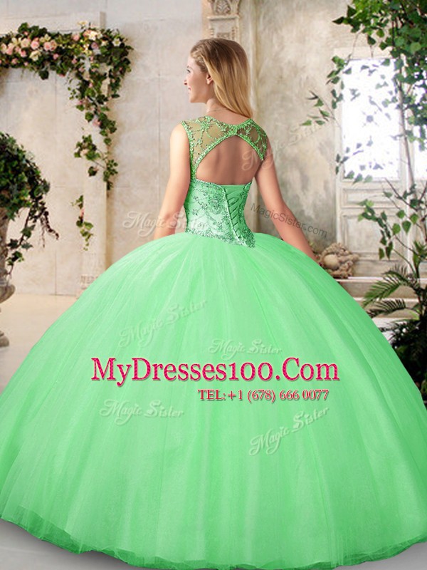 New Arrival Scoop Peach Sleeveless Beading Floor Length 15th Birthday Dress