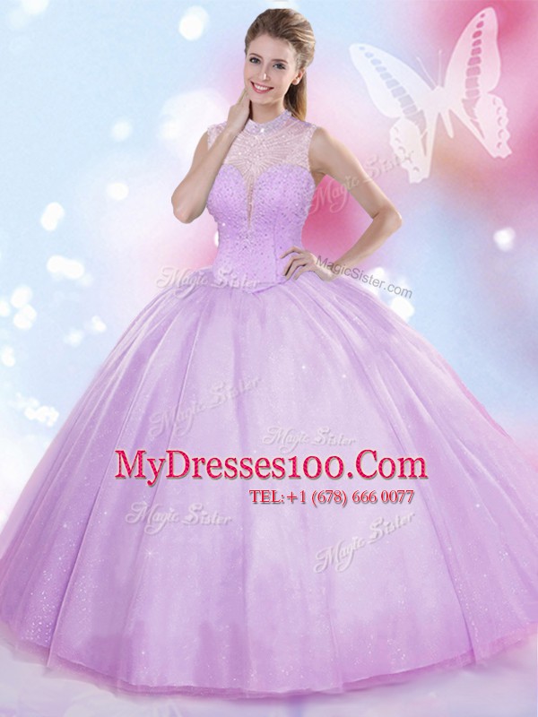 Discount Lavender Lace Up 15 Quinceanera Dress Beading Sleeveless Floor Length