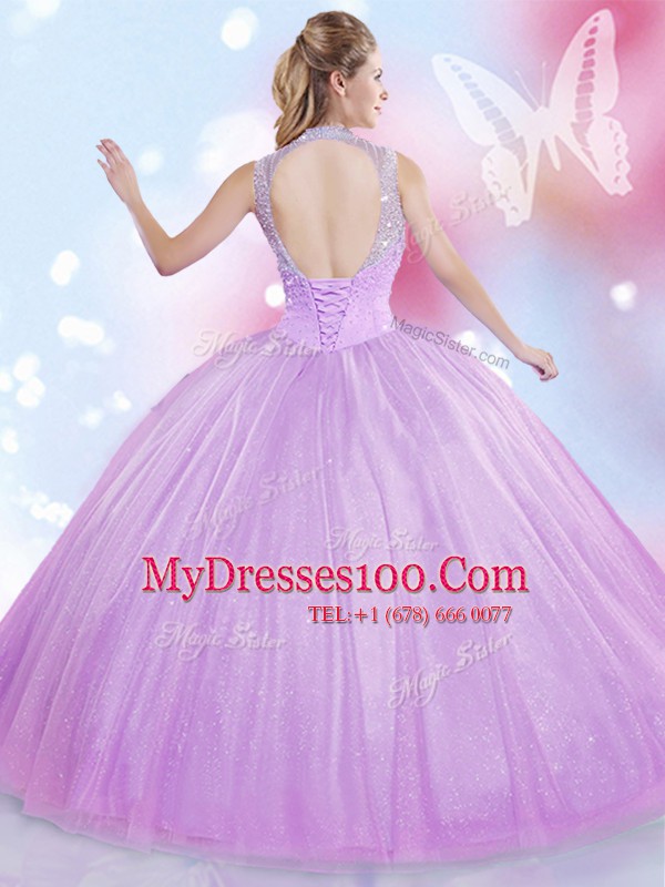Discount Lavender Lace Up 15 Quinceanera Dress Beading Sleeveless Floor Length