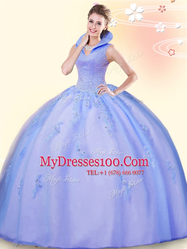 Suitable Lavender High-neck Neckline Beading and Appliques Sweet 16 Quinceanera Dress Sleeveless Backless