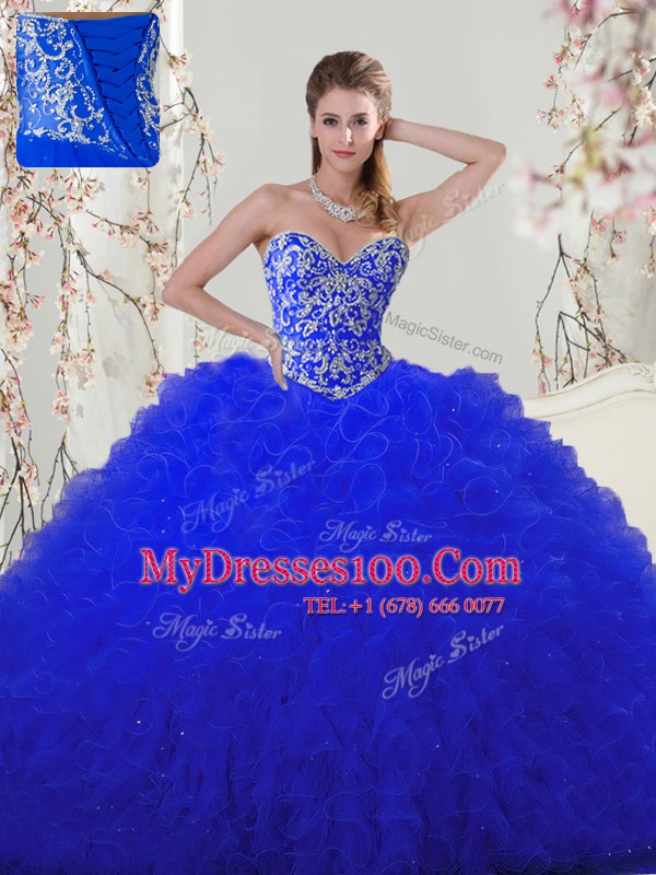Royal Blue Sleeveless Beading and Appliques Floor Length 15 Quinceanera Dress