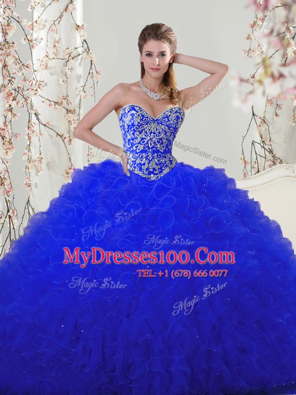 Royal Blue Sleeveless Beading and Appliques Floor Length 15 Quinceanera Dress