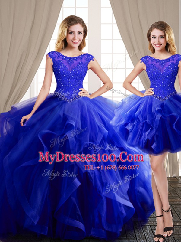 Modern Three Piece Scoop Cap Sleeves Brush Train Beading and Appliques and Ruffles Lace Up 15 Quinceanera Dress