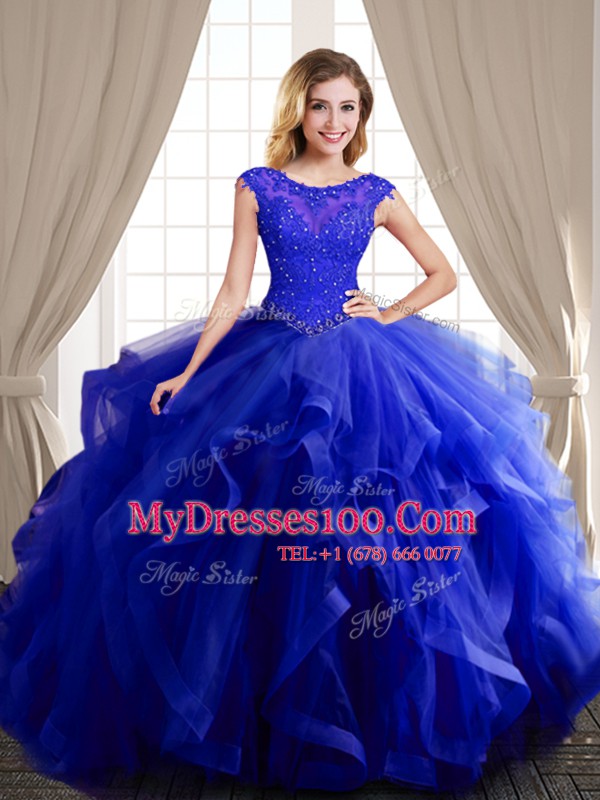 Modern Three Piece Scoop Cap Sleeves Brush Train Beading and Appliques and Ruffles Lace Up 15 Quinceanera Dress