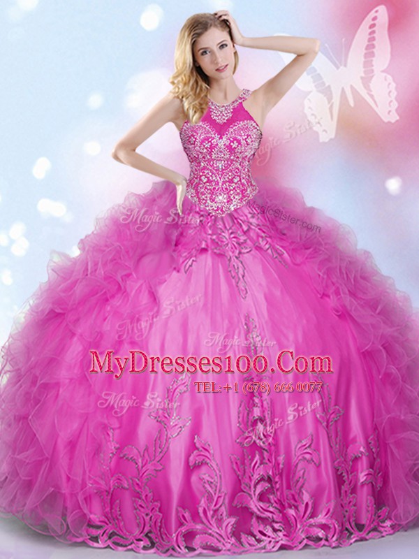 Fashionable Ball Gowns 15 Quinceanera Dress Hot Pink Halter Top Tulle Sleeveless Floor Length Lace Up